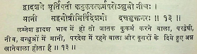 Effect of Lagna Lord in the twelfth house as per Manasagari