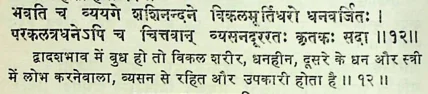 Effect of Budh (Mercury) in the various houses as per Manasagari