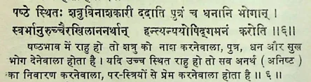 Effect of Rahu in sixth house of janm kundali (Natal chart) as per Manasagari