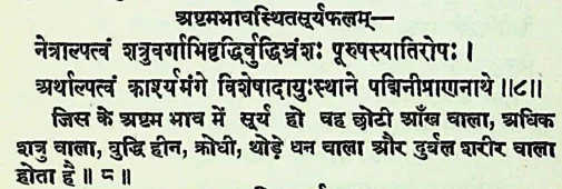 Effect of Sun in the eighth  house of Janam Kundli (Natal chart) as per Jatakabharanam
