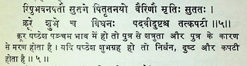 Sixth house lord in the fifth house of Kundali, as per Mansagari