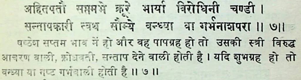 Sixth house lord in the seventh house of Kundali, as per Mansagari