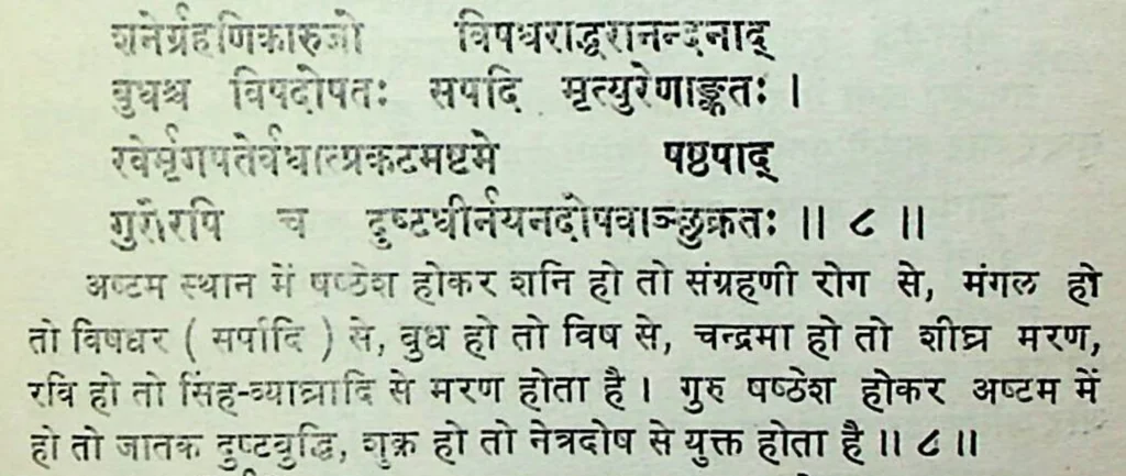 Sixth house lord in the eighth house of Kundali, as per Mansagari