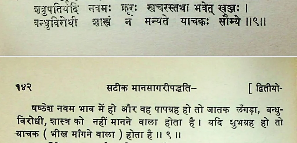 Sixth house lord in the ninth house of Kundali, as per Mansagari