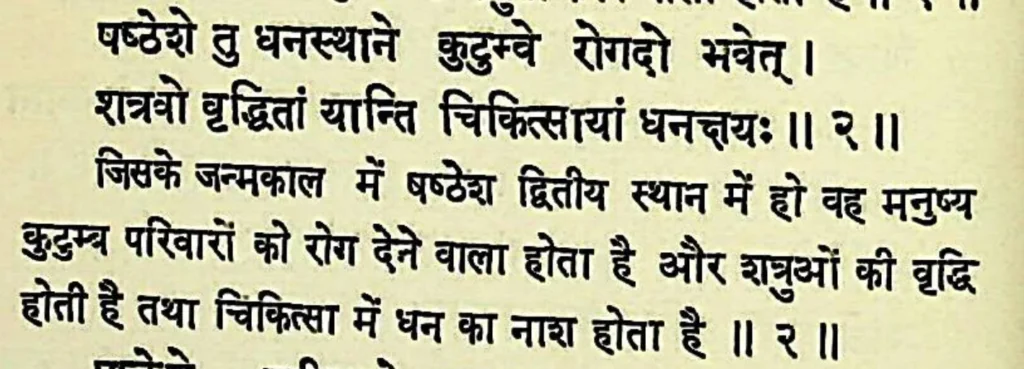 Sixth house lord in the second house of Kundali, as per Bhrigu Samhita