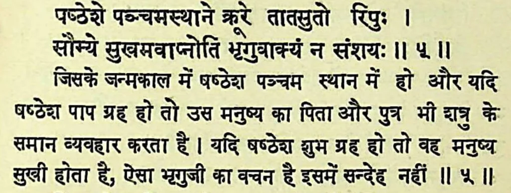 Sixth house lord in the fifth house of Kundali, as per Bhrigu Samhita