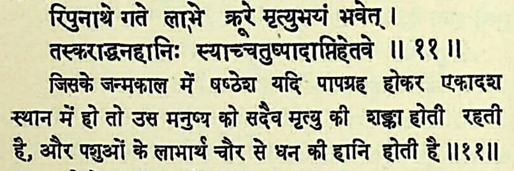 Sixth house lord in the eleventh house of Kundali, as per Bhrigu Samhita