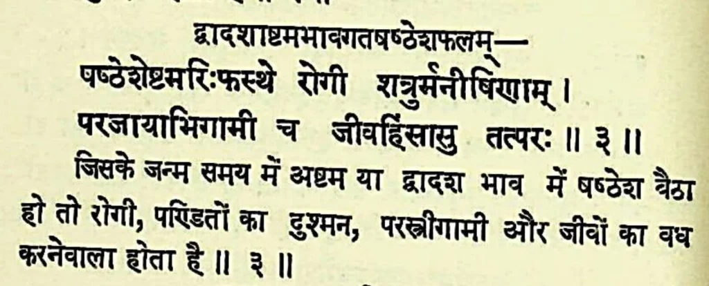 Sixth house lord in the eighth house of Kundali, as per Lomash Samhita