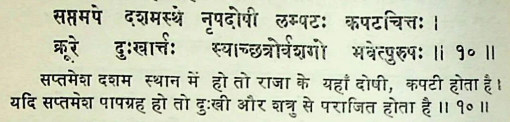 Seventh house lord in the tenth house of Kundali, as per Mansagari