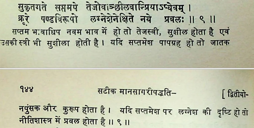 Seventh house lord in the ninth house of Kundali, as per Mansagari