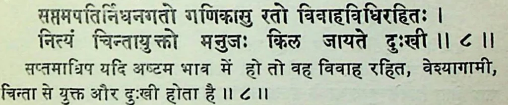 Seventh house lord in the eighth house of Kundali, as per Mansagari